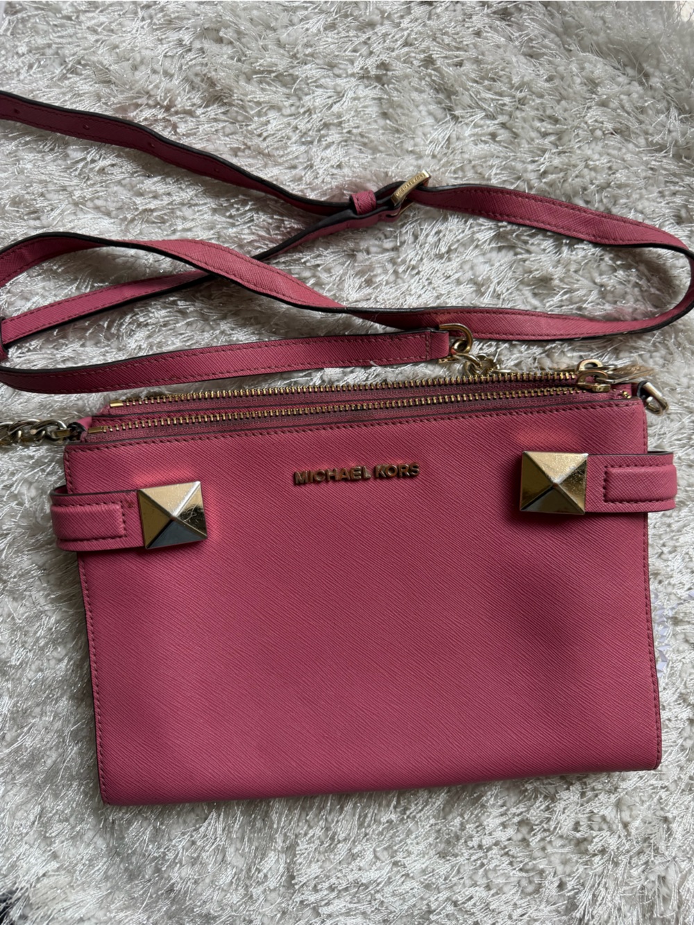 Michael Kors Raspberry Pink Saffiano Crossbody with Gold Studs